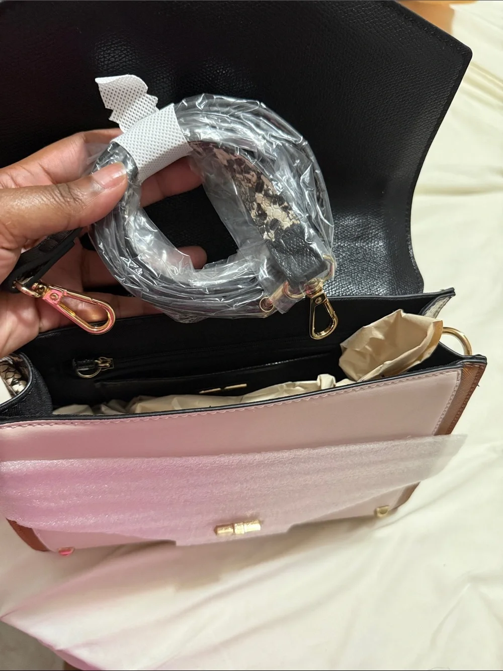 Aldo Colorblock Satchel in Black, Cream & Tan with Snakeskin Trim